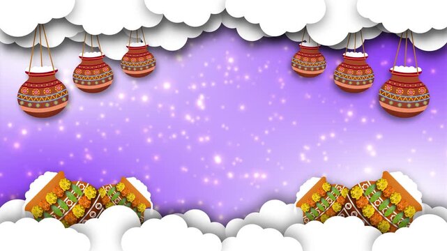 janmashtami swinging dahi handi and pot in clouds on vibrant background. copy space for janmashtami festival greetings and blessings.