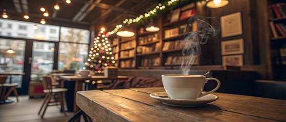 Fototapeta premium A steaming cup of coffee on a wooden table in a cozy cafe setting