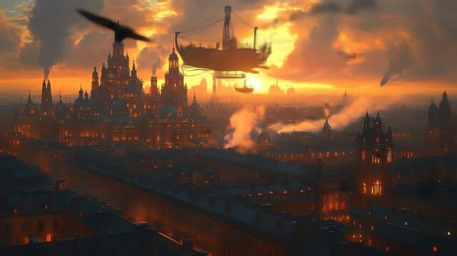 A cityscape lit by an orange sunset with airships and birds flying above detailed buildings