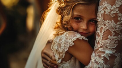 A young girl hugs her mother's arm at a wedding.