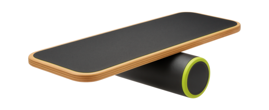 Wooden balance board with a cylindrical roller for indoor exercise
