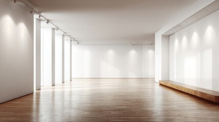Fototapeta premium Bright modern art gallery interior with wooden floor and white walls show space.