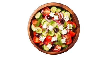 Fresh Greek salad with feta, tomatoes, cucumbers in a wooden bowl