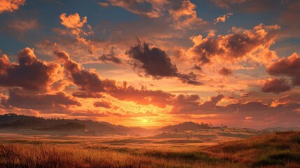 Obraz premium Sunset over the field - Captivating 4K time-lapse: majestic sunrise/sunset landscape with stunning nature's light and rolling colorful clouds, Generative AI