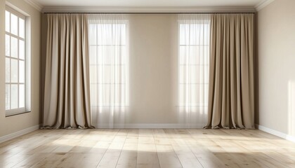 Enhancing An Empty Space: Interior Decorating With Curtains In A Room Without Furniture Or Decor. Advancing The Aesthetic Appeal.
