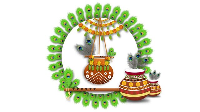 Janmashtami swinging dahi handi and decorated white circle with peacock feathers. Janmashtami holiday background.