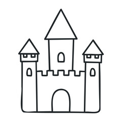 Simple outline of a castle with towers and arched entry in black and white drawing style. Outline vector illustration