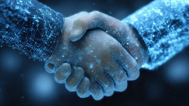 Digital handshake on blue technology background. Business partnership concept. - Powered by Adobe