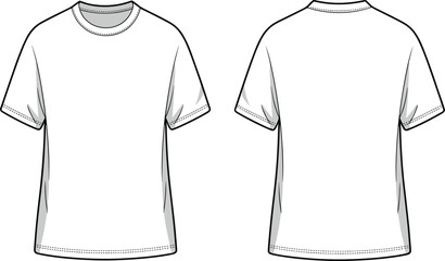 Blank white t-shirt front and back view, apparel mockup, fashion illustration, clothing design template, casual wear, unisex garment, Adobe Stock