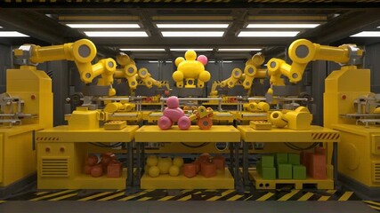Robotic Toy Factory: Animated Production Line with Colorful Toys.