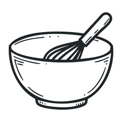 Simple line drawing of mixing bowl with whisk in black and white. Hand drawn vector illustration