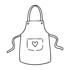 Outline of a casual apron with heart pocket design. Hand drawn vector illustration