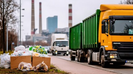 Industrial waste disposal on a winter day with smoke and snow in a bustling urban area