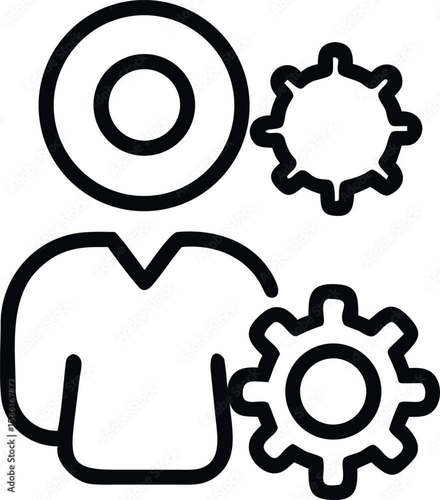 Poster user profile setting icon with gear in simple line art style