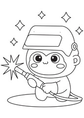 Coloring book monkey welding with sparks flying.