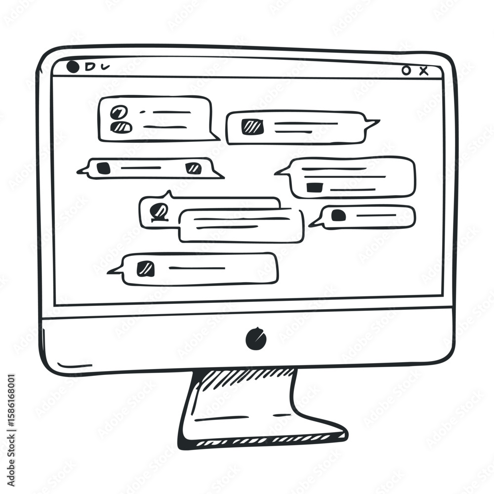 Fototapete Monochrome hand-drawn computer monitor with text bubbles displayed on screen. Hand drawn vector illustration