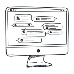 Monochrome hand-drawn computer monitor with text bubbles displayed on screen. Hand drawn vector illustration