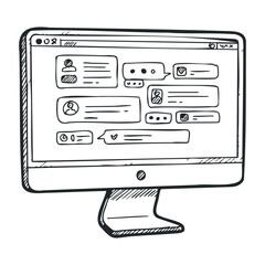 Hand-drawn social media interface on desktop monitor display with chat boxes. Hand drawn vector illustration
