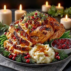 Golden brown turkey on celebration table high resolution picture