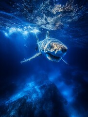 A close-up shot of the great white shark's head, its wide-open mouth filled with sharp teeth glistening in the sunlight as it glides through the blue water, generated image
