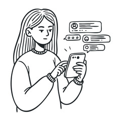 Young caucasian female engaging with smartphone and online messaging. Hand drawn vector illustration