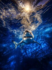 A close-up shot of the great white shark's head, its wide-open mouth filled with sharp teeth glistening in the sunlight as it glides through the blue water, generated image