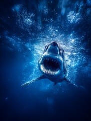 A close-up shot of the great white shark's head, its wide-open mouth filled with sharp teeth glistening in the sunlight as it glides through the blue water, generated image