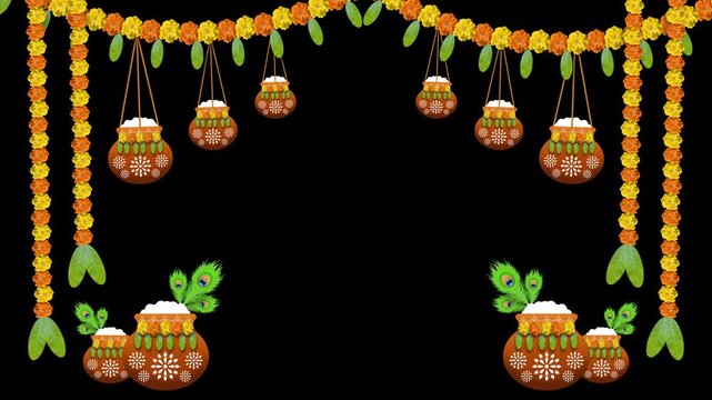 dahi handi, flower decoration, decorated pot and peacock feathers decoration on blue background. concept for janmashtami festival decoration.