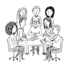 Diverse group of adults collaborating around table in casual setting. Hand drawn vector illustration