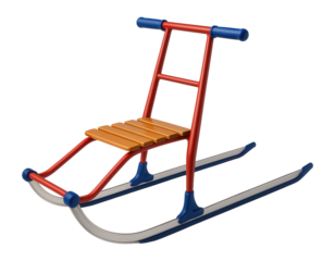 Red and blue snow kick sled with metal frame and wooden seat for children
