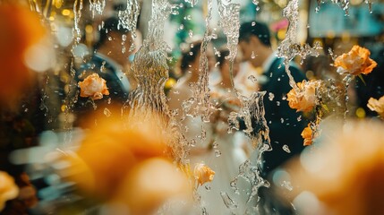 Orange blossoms and water splashing around a couple.