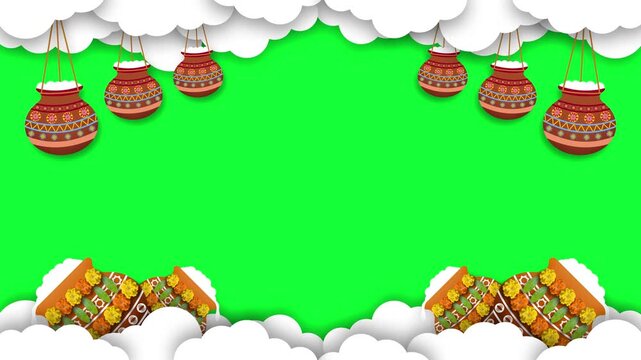 swinging janmashtami festival dahi handi and decorated pot in cloud frame on green screen. concept for janmashtami festival celebration and decoration.