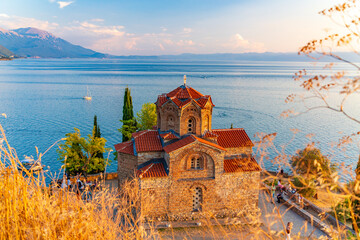 St. John at Kaneo at sunset time, an Orthodox church by Lake Ohrid North Macedonia
