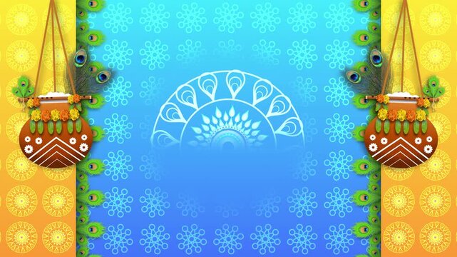 Two swinging janmashtami dahi handi on indian traditional animated pattern background in gradient colours. Janmashtami celebration concept.