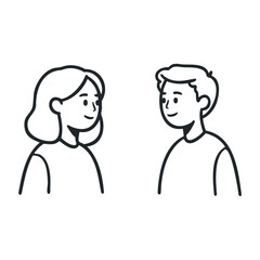 Cartoon illustration of young caucasian male and female characters facing each other. Hand drawn vector illustration