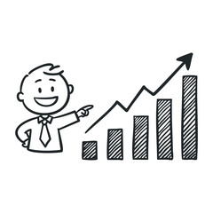 Male cartoon character pointing at rising bar graph with arrow. Hand drawn vector illustration