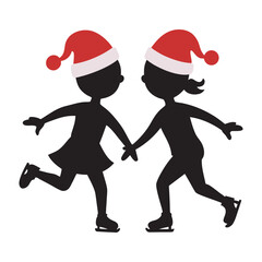 Kids Skating On Ice With Santa Hats Silhouette