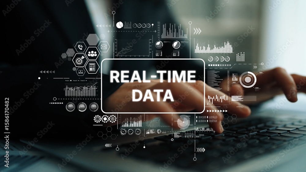 Poster business professional analyzing real-time data on laptop with visual graphs and graphical user inter