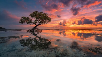 Obraz premium Sunrise, mangrove tree, calm water reflection