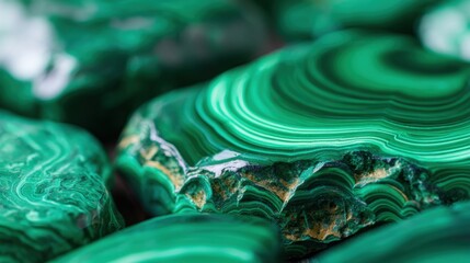 Close-up of vibrant green malachite mineral stone with swirling banding and detailed texture.