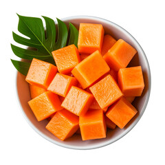  Papaya Cubes in Bowl with Leaf Accent, Stylized Overhead View, Transparent PNG