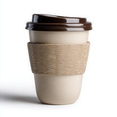 Beige and brown reusable coffee cup with textured sleeve
