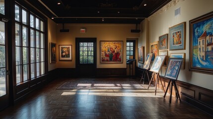 Art gallery interior with paintings displayed on easels.