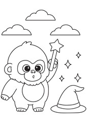 Coloring book page of a baby monkey magician with magic wand.