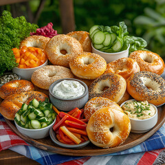 Fresh bagels with assorted vegetables and dips