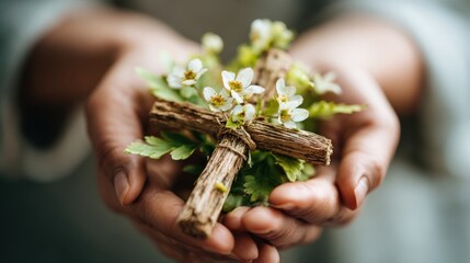 Hands Holding Small Cross Made of Twigs and White Flowers with Green Leaves.