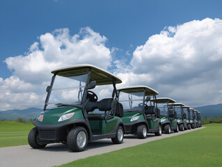 Row of green golf carts parked neatly on a paved path, surrounded by lush grass and a scenic landscape, showcasing recreational vehicles in a serene outdoor setting