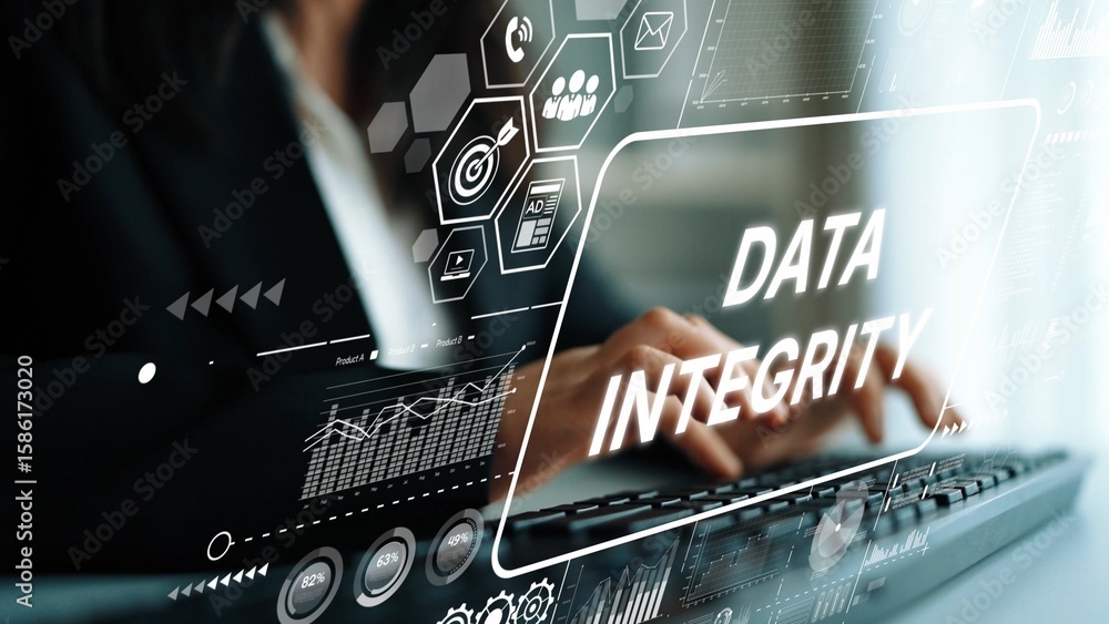 Poster business professional focusing on data integrity with graphs and icons in a modern digital environme