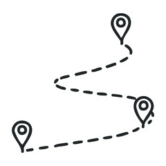 Dotted path with map pointers illustrating route navigation concept. Hand drawn vector illustration