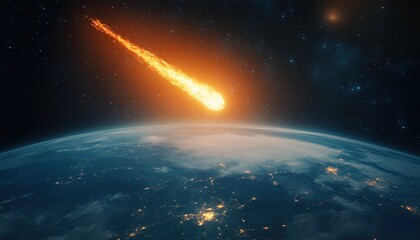Fototapeta premium Meteor Entering Earth'S Atmosphere With A Glowing Trail. A Brightly Lit Meteor Descending Into The Earth'S Atmosphere. A Shining Meteor Approaching Earth'S Atmosphere.